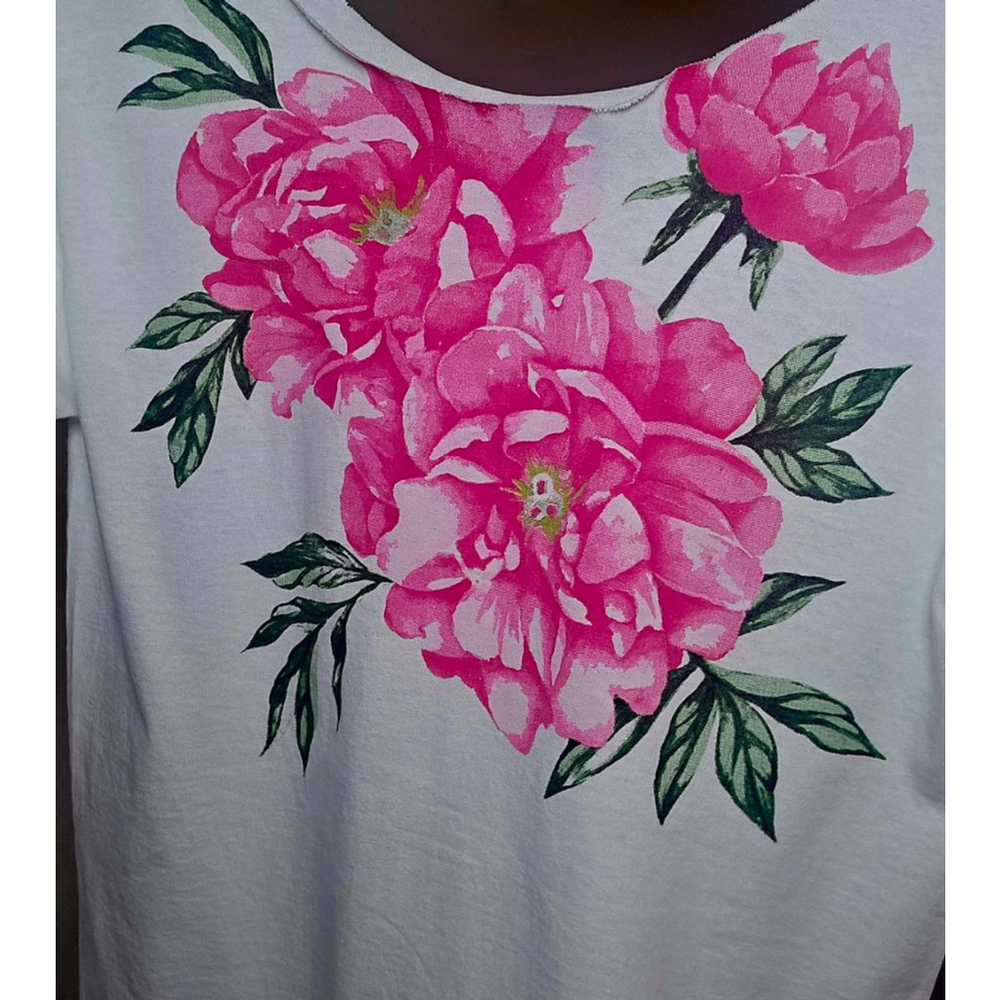Women's Unbranded White Short Sleeve Tee with Pink Floral Print M - Picture 3 of 5